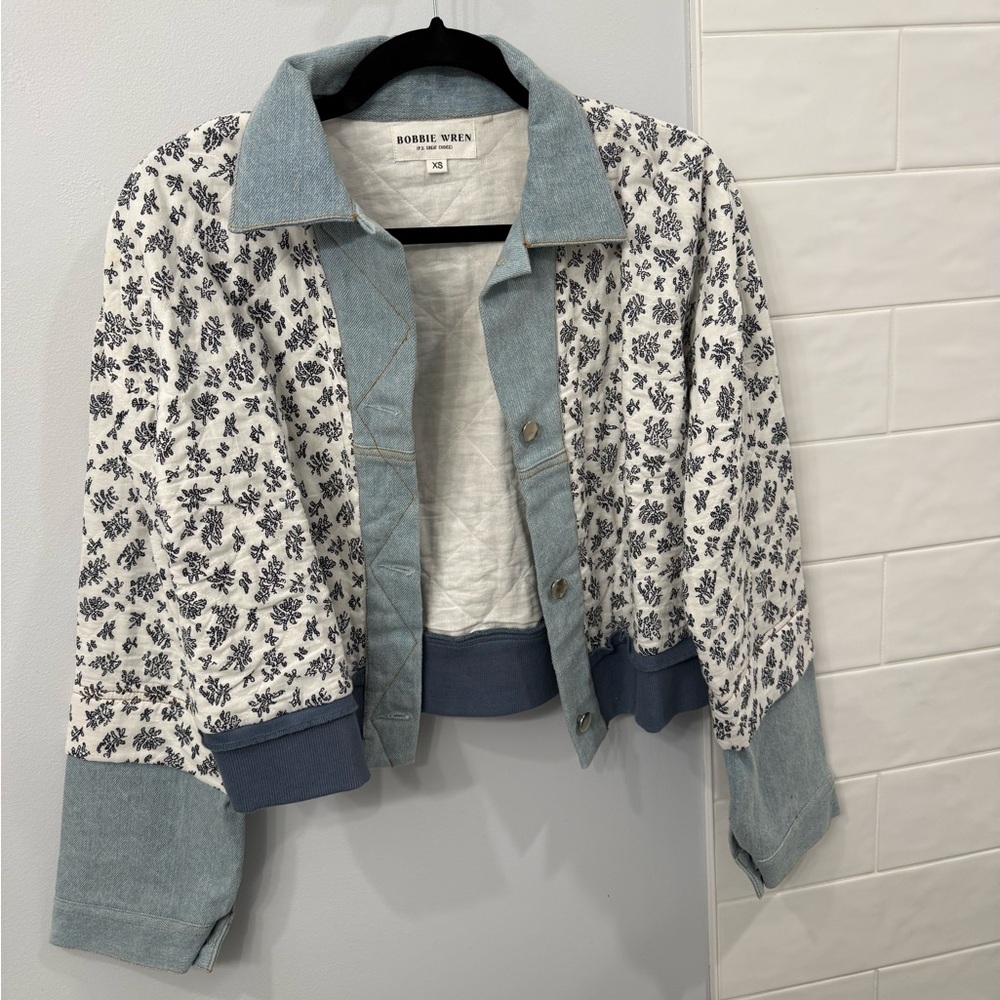 Women's Floral Denim Jacket - Blue and White